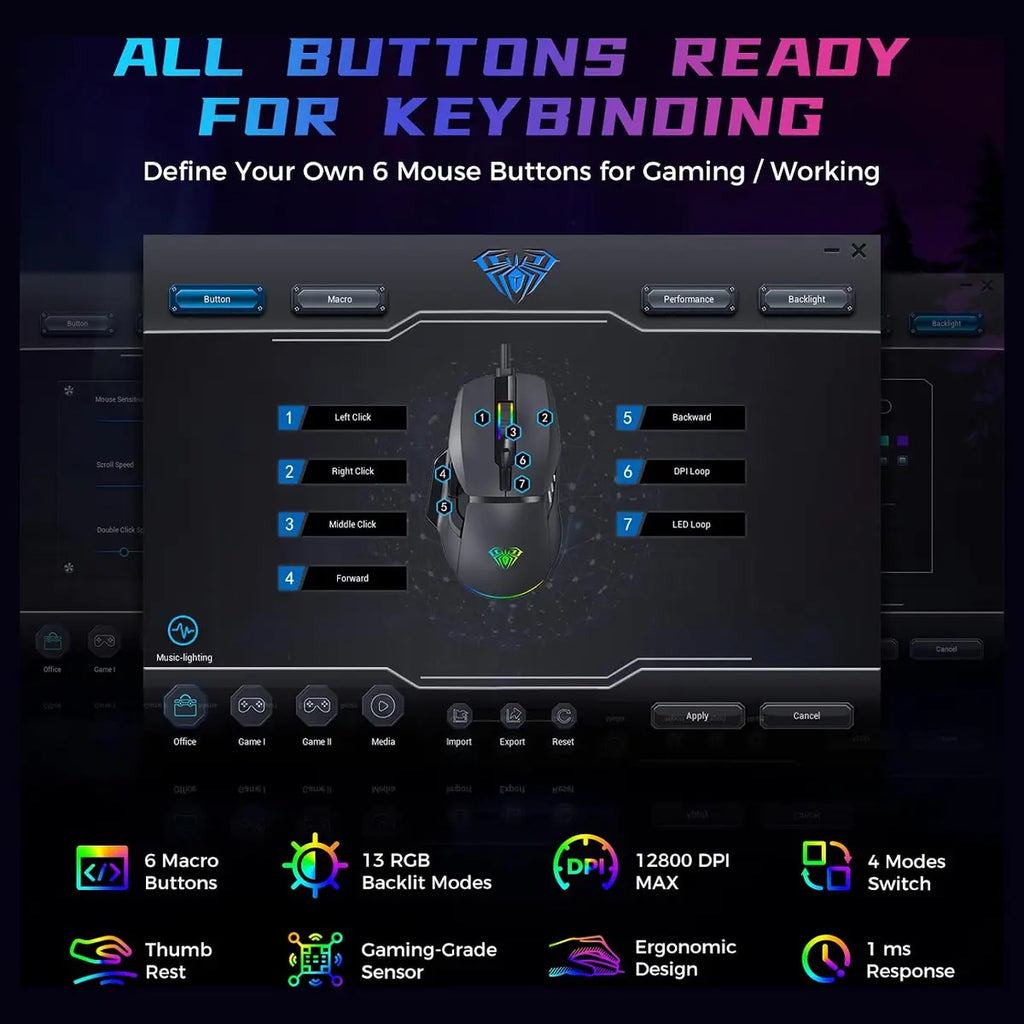 AULA F815 Gaming Mouse, 12800 DPI, RGB Wired, 1ms Report Rate, 6 Programmable Macro Buttons, 13 Backlit Modes, Black
