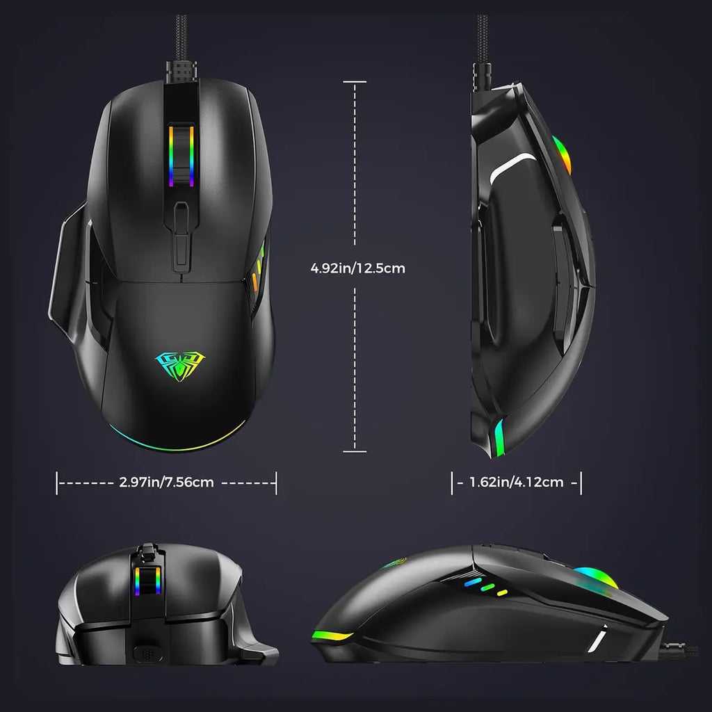 AULA F815 Gaming Mouse, 12800 DPI, RGB Wired, 1ms Report Rate, 6 Programmable Macro Buttons, 13 Backlit Modes, Black