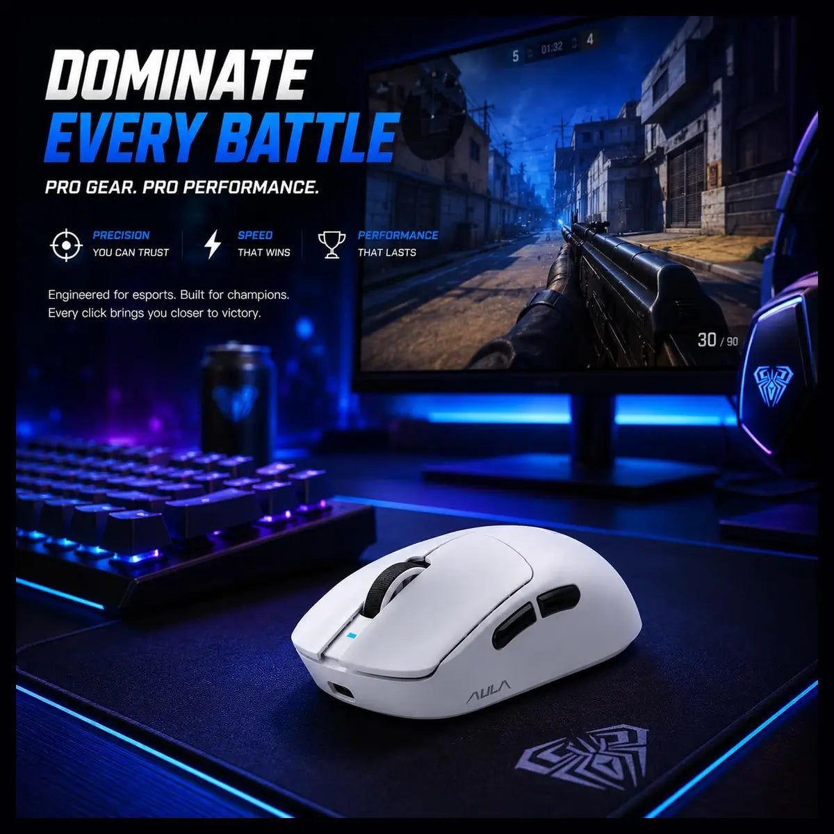 AULA SC900 Pro Wireless Gaming Mouse, PAW3395 Sensor, 26000 DPI, 650IPS, 62g Lightweight, Tri-Mode 2.4GHz Type-C BT5.0, Dual 8000Hz Polling Rate, White