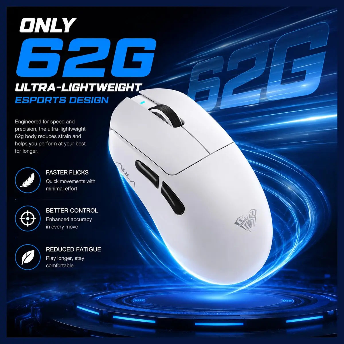 AULA SC900 Pro Wireless Gaming Mouse, PAW3395 Sensor, 26000 DPI, 650IPS, 62g Lightweight, Tri-Mode 2.4GHz Type-C BT5.0, Dual 8000Hz Polling Rate, White