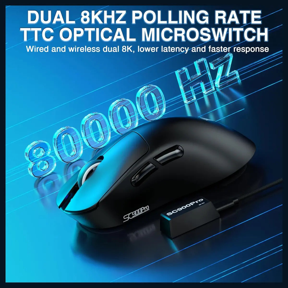 AULA SC900 Pro Wireless Gaming Mouse, PAW3395 Sensor, 26000 DPI, 650IPS, 62g Lightweight, Tri-Mode 2.4GHz USB-C and BT5.0, Dual 8000Hz Polling Rate, Black