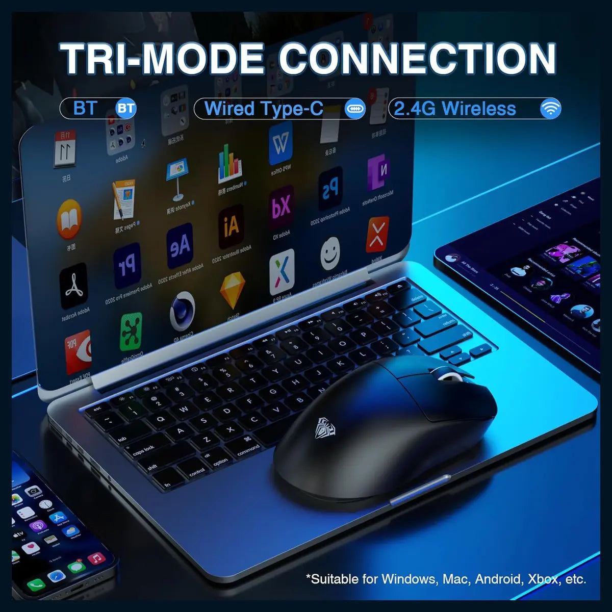 AULA SC900 Pro Wireless Gaming Mouse, PAW3395 Sensor, 26000 DPI, 650IPS, 62g Lightweight, Tri-Mode 2.4GHz USB-C and BT5.0, Dual 8000Hz Polling Rate, Black