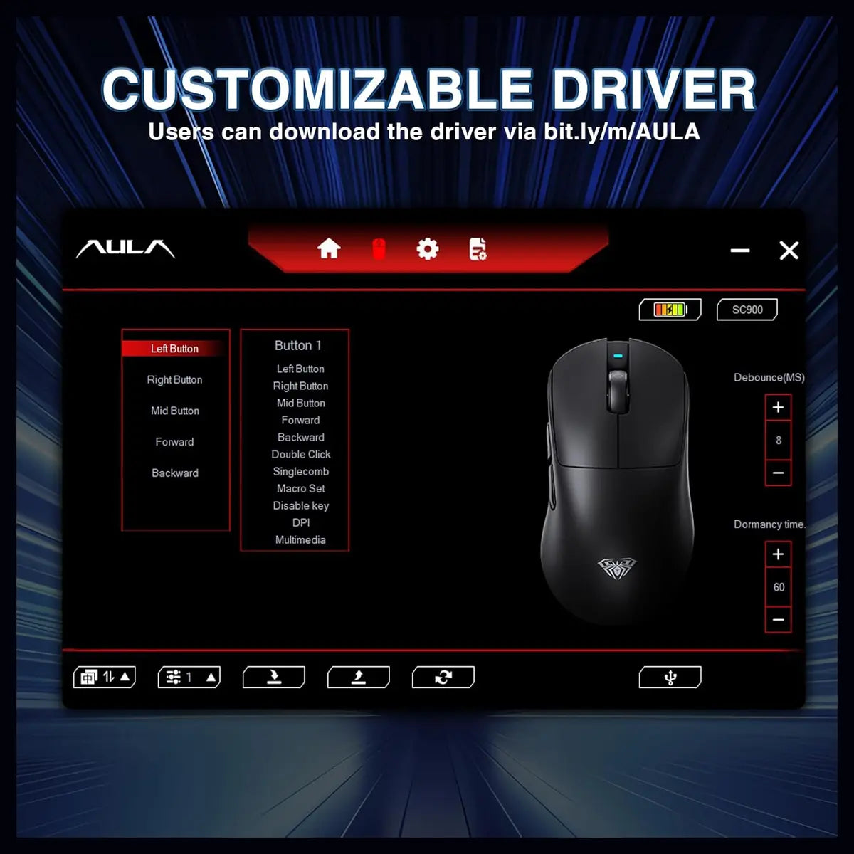 AULA SC900 Pro Wireless Gaming Mouse, PAW3395 Sensor, 26000 DPI, 650IPS, 62g Lightweight, Tri-Mode 2.4GHz USB-C and BT5.0, Dual 8000Hz Polling Rate, Black