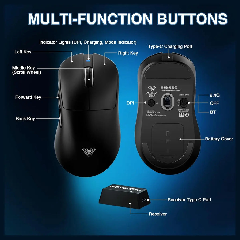 AULA SC900 Pro Wireless Gaming Mouse, PAW3395 Sensor, 26000 DPI, 650IPS, 62g Lightweight, Tri-Mode 2.4GHz USB-C and BT5.0, Dual 8000Hz Polling Rate, Black