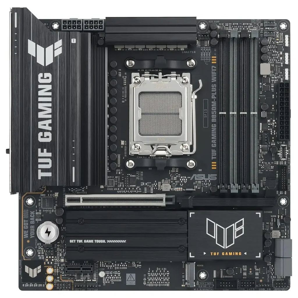 Asus TUF Gaming B850M-Plus Wifi7 AMD B850 mATX Motherboard, AMD AM5 Socket, 14+2+1 80A DrMOS Power Stages, DDR5 8000+MT/s, PCIe 5.0, 3x M.2 Slots, WiFi 7, 2.5Gb Ethernet, DisplayPort and HDMI