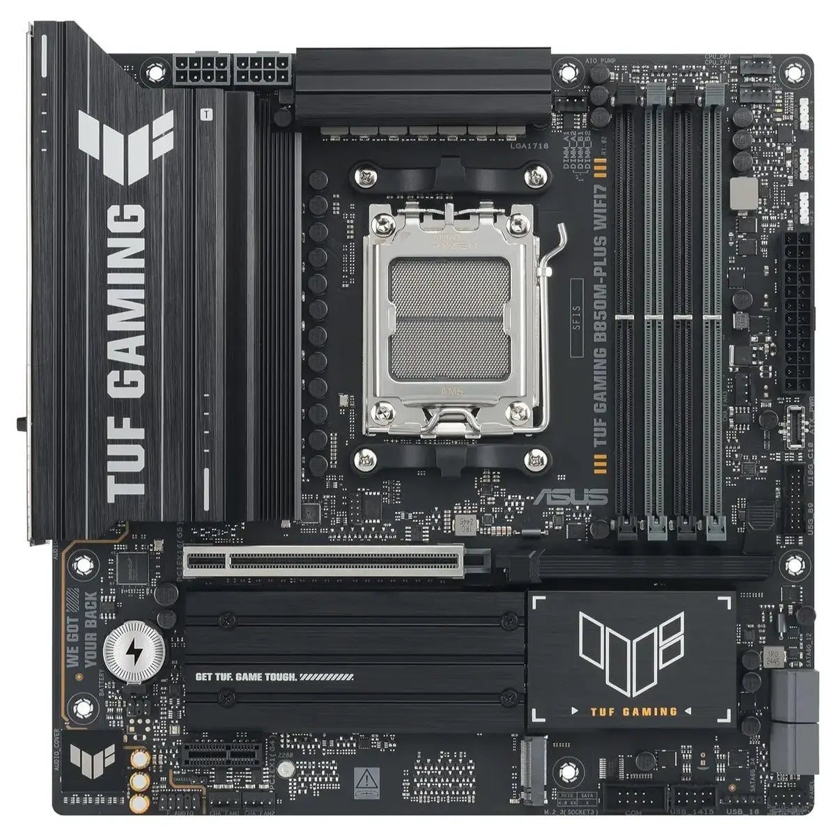 Asus TUF Gaming B850M-Plus Wifi7 AMD B850 mATX Motherboard, AMD AM5 Socket, 14+2+1 80A DrMOS Power Stages, DDR5 8000+MT/s, PCIe 5.0, 3x M.2 Slots, WiFi 7, 2.5Gb Ethernet, DisplayPort and HDMI