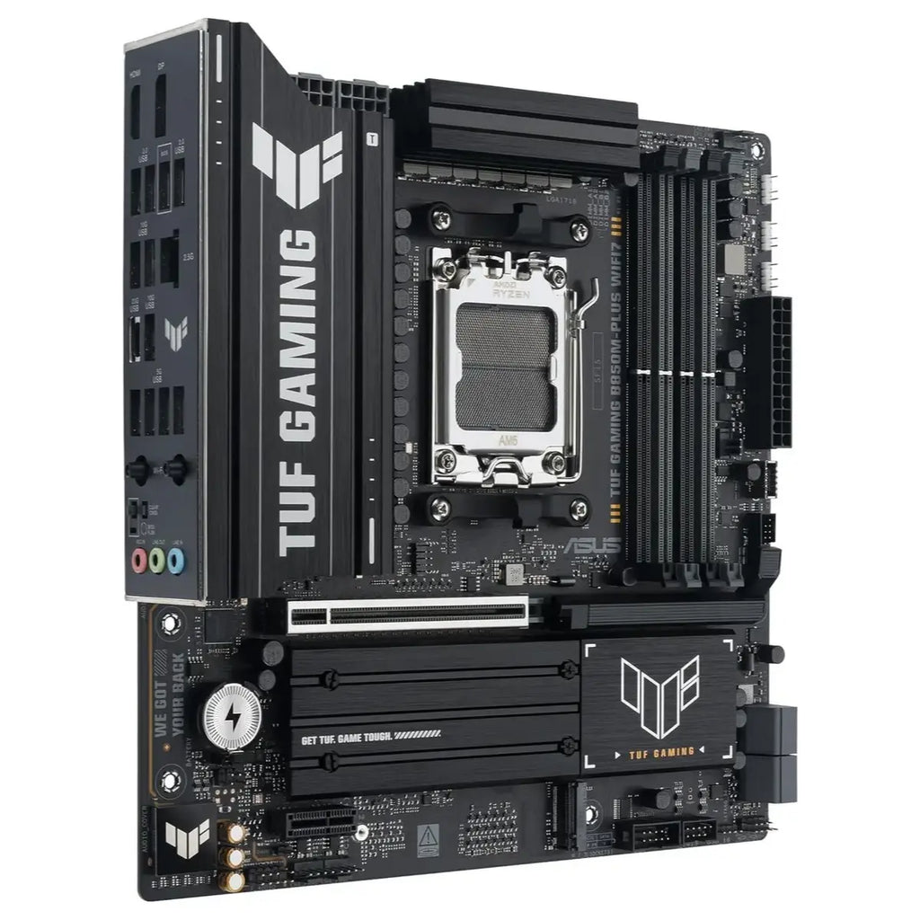 Asus TUF Gaming B850M-Plus Wifi7 AMD B850 mATX Motherboard, AMD AM5 Socket, 14+2+1 80A DrMOS Power Stages, DDR5 8000+MT/s, PCIe 5.0, 3x M.2 Slots, WiFi 7, 2.5Gb Ethernet, DisplayPort and HDMI