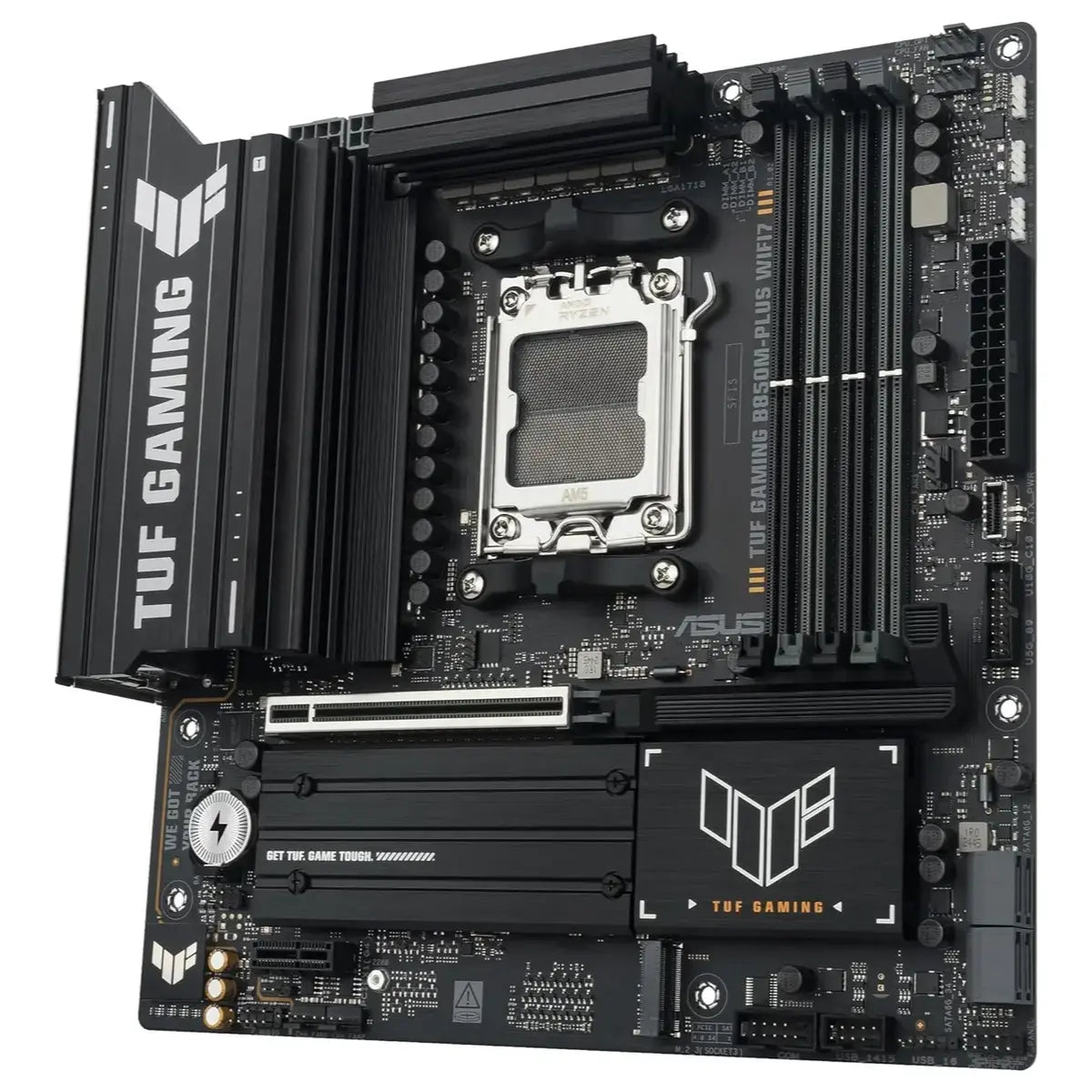 Asus TUF Gaming B850M-Plus Wifi7 AMD B850 mATX Motherboard, AMD AM5 Socket, 14+2+1 80A DrMOS Power Stages, DDR5 8000+MT/s, PCIe 5.0, 3x M.2 Slots, WiFi 7, 2.5Gb Ethernet, DisplayPort and HDMI