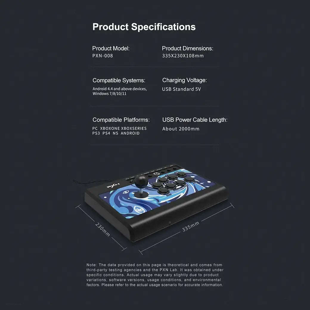 PXN 008 Gaming Arcade Stick, USB Wired Plug and Play, 360-Degree Circular Movement, Blue Switch Mechanical Buttons, 3.5mm Audio Jack, for Nintendo Switch PC PS3 PS4 Xbox