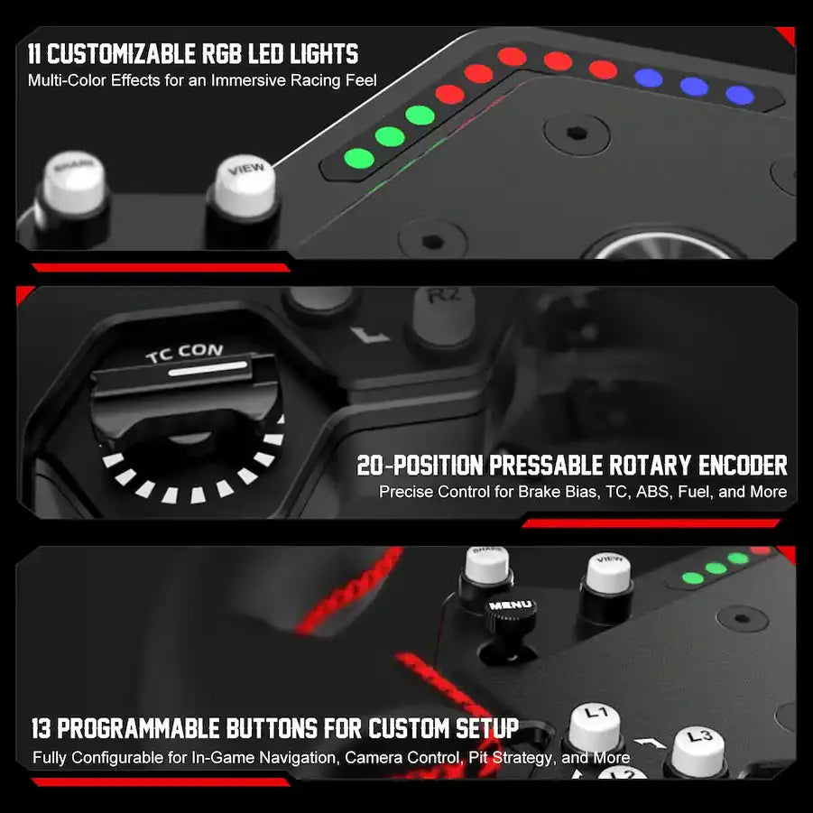 PXN W DS R2 13" Leather Racing Wheel Rim with D1 Quick Release, Hall Effect Magnetic Paddle Shifters, RGB Rev Indicator Lights, Black