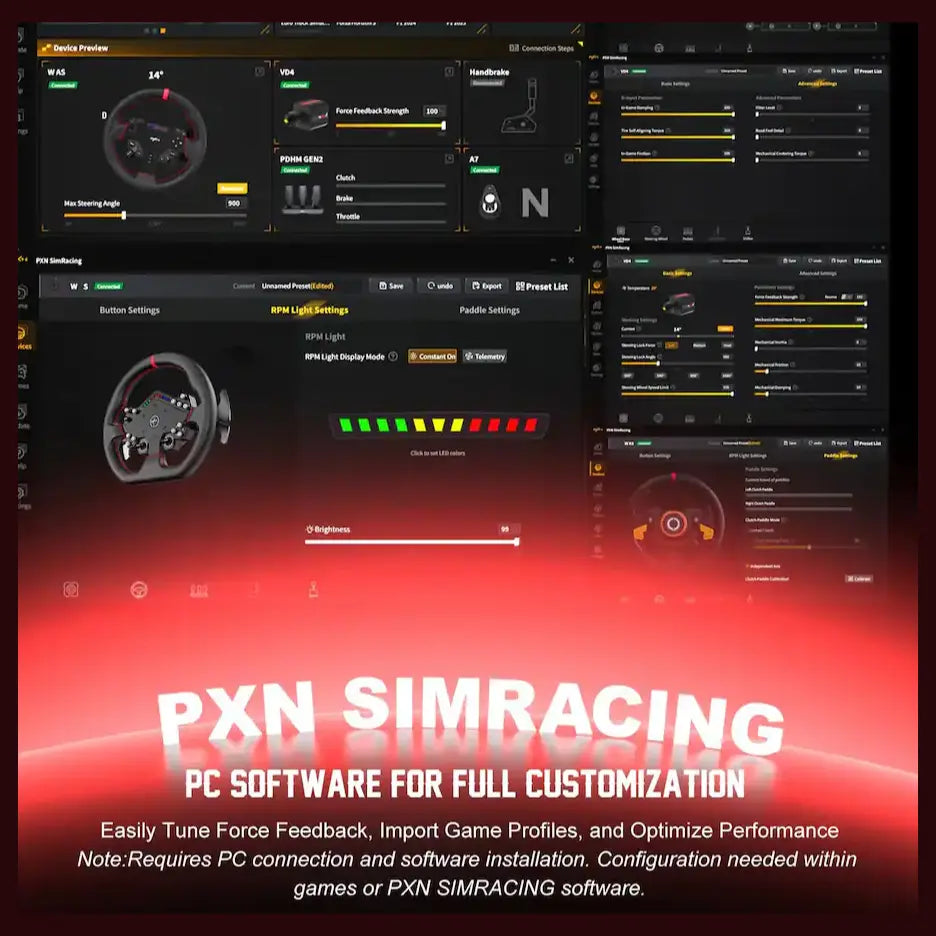 PXN W DS R2 13" Leather Racing Wheel Rim with D1 Quick Release, Hall Effect Magnetic Paddle Shifters, RGB Rev Indicator Lights, Black