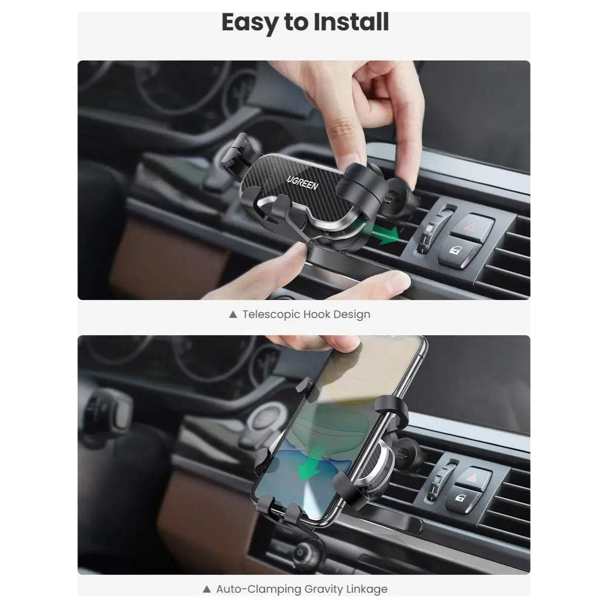 UGREEN Gravity Drive Air Vent Car Mount Phone Holder, Automatic Gravity Locking, One-Handed Operation, Five-Point Support, Black 80871