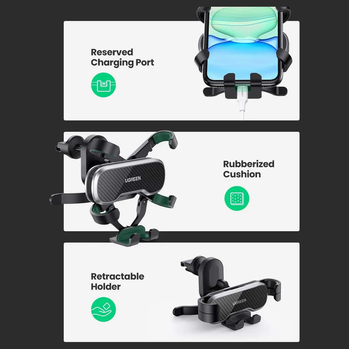 UGREEN Gravity Drive Air Vent Car Mount Phone Holder, Automatic Gravity Locking, One-Handed Operation, Five-Point Support, Black 80871