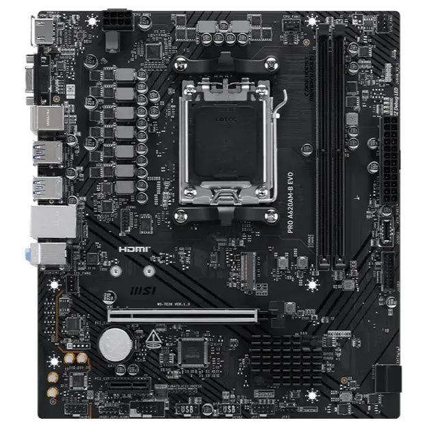 MSI PRO A620AM-B EVO Motherboard, Socket AM5, AMD A620A Chipset, DDR5 6800+MT/s OC, PCIe 4.0 x16, Gen 4 x4 M.2, 2.5G LAN, mATX