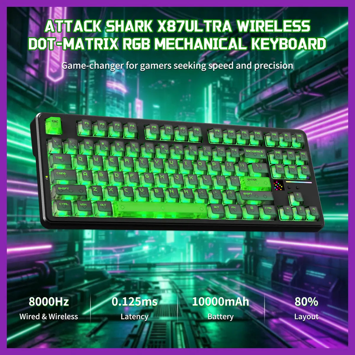 ATTACK SHARK X87 ULTRA Wireless Mechanical Keyboard, 8000Hz Polling Rate, 10000mAh Battery Up to 5000 Hours, Dot-Matrix Screen, 16.8M RGB, Tri-Mode 2.4G Wireless Bluetooth Wired, Hot-Swappable, Shadow Jade