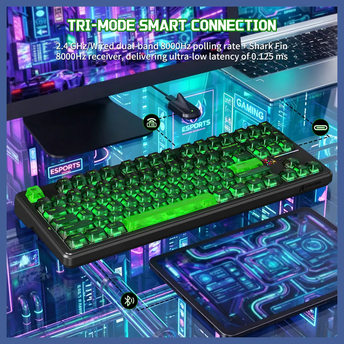 ATTACK SHARK X87 ULTRA Wireless Mechanical Keyboard, 8000Hz Polling Rate, 10000mAh Battery Up to 5000 Hours, Dot-Matrix Screen, 16.8M RGB, Tri-Mode 2.4G Wireless Bluetooth Wired, Hot-Swappable, Shadow Jade