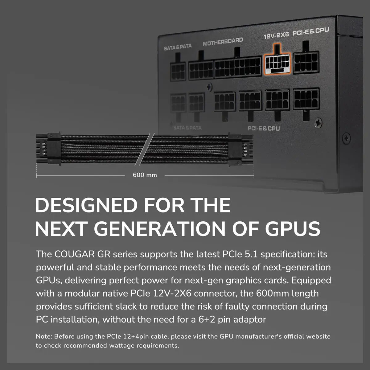 COUGAR GR 750W Fully Modular Power Supply, ATX 3.1 And PCIe 5.1 Ready, 80 Plus Gold Up To 91% Efficiency, Native 12V-2x6 Cable, 140mm Compact Size