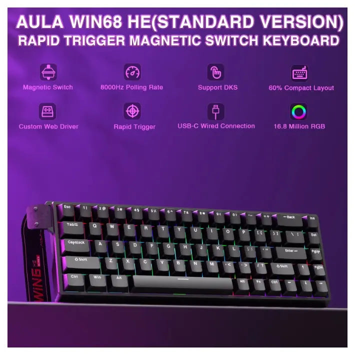 AULA WIN68 HE Wired Magnetic Keyboard, 60% 68-Key Layout, Hall Effect Magnetic Switches, Hot-Swappable Magnetic Sockets, 8000Hz Polling Rate, USB-C Wired, South-Facing RGB, Black