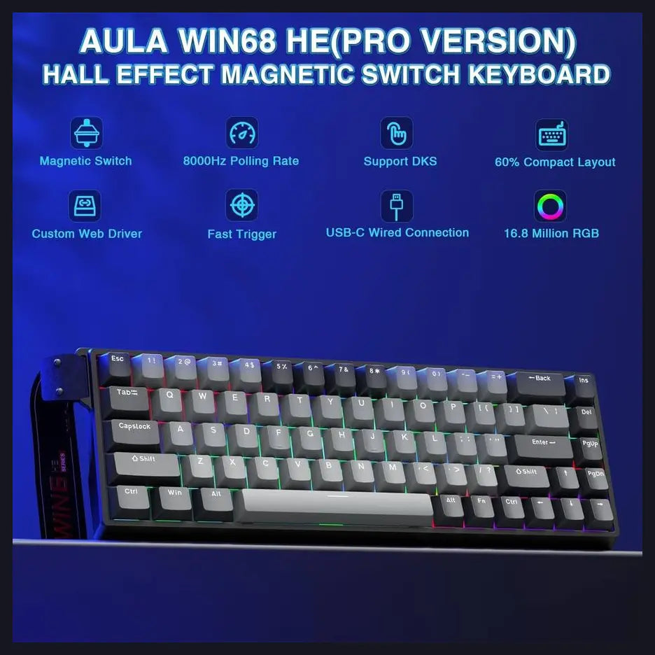 AULA WIN68 HE Pro 68-Key Hall Effect Magnetic Gaming Keyboard, 8000Hz Polling Rate, 0.3ms Latency, Adjustable Actuation 0.02mm-3.44mm, 16.8 Million RGB, Black and Gray