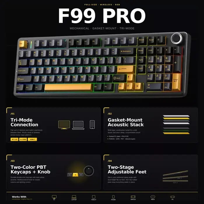 AULA F99 Pro Mechanical Gaming Keyboard, 99-Key, Tri-Mode Wireless Bluetooth 5.0 2.4GHz and USB-C, Hot Swappable Nimbus Switches, Gasket Mount, RGB, 8000mAh Battery, Knob