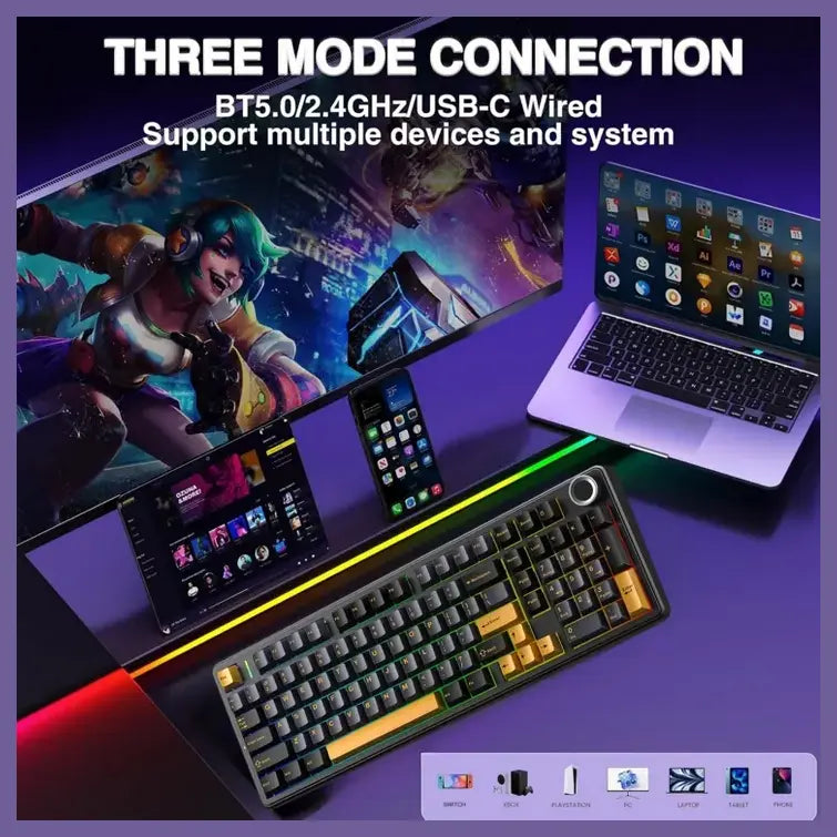 AULA F99 Pro Mechanical Gaming Keyboard, 99-Key, Tri-Mode Wireless Bluetooth 5.0 2.4GHz and USB-C, Hot Swappable Nimbus Switches, Gasket Mount, RGB, 8000mAh Battery, Knob