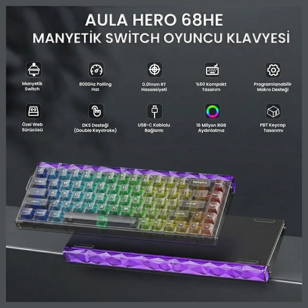 Aula Hero68 HE Magnetic Keyboard, Jade King Magnetic Hall Effect Switch, 8000Hz Polling Rate, Rapid Trigger, Hot Swap, 16.8M RGB, TKL 60% Layout, USB Type-C, Transparent Black