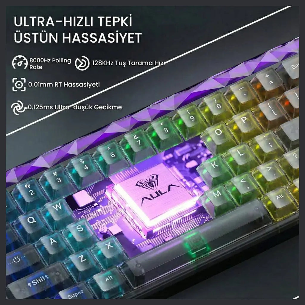Aula Hero68 HE Magnetic Keyboard, Jade King Magnetic Hall Effect Switch, 8000Hz Polling Rate, Rapid Trigger, Hot Swap, 16.8M RGB, TKL 60% Layout, USB Type-C, Transparent Black