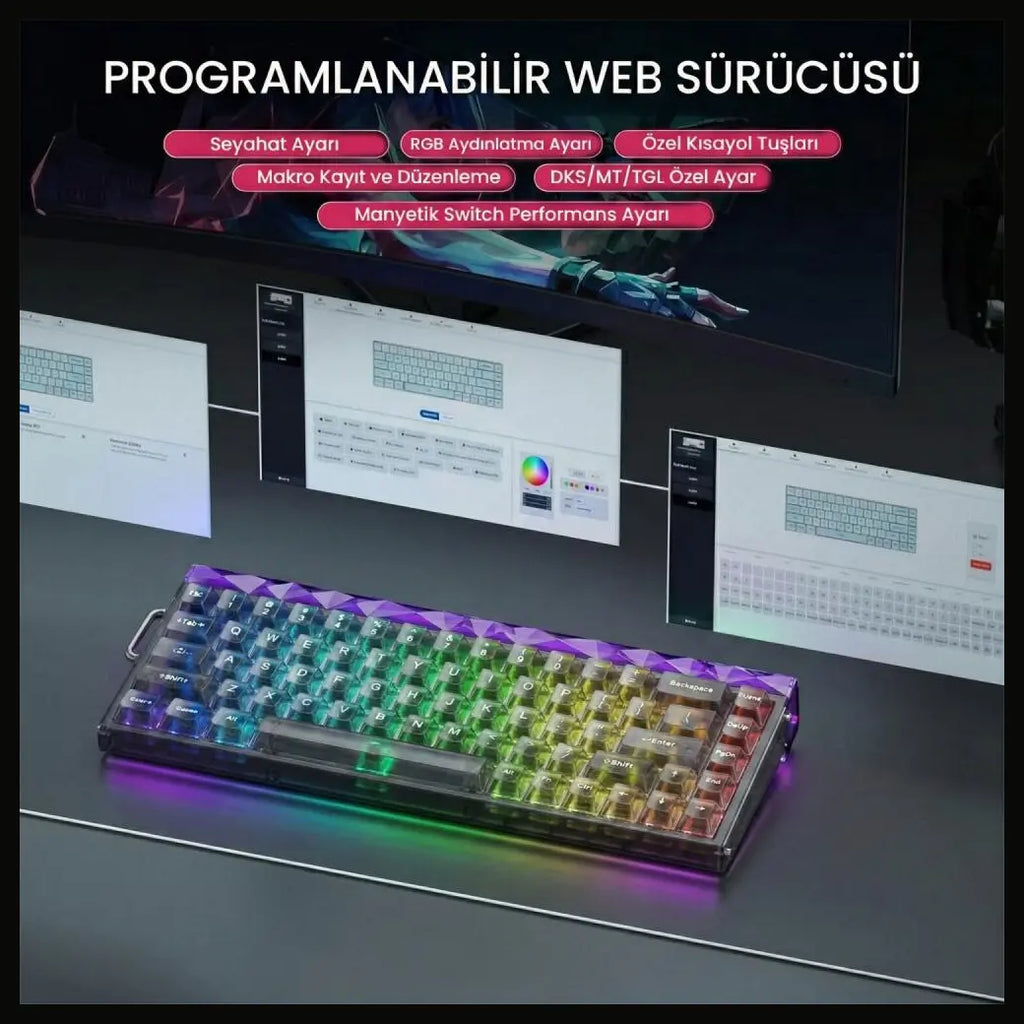 Aula Hero68 HE Magnetic Keyboard, Jade King Magnetic Hall Effect Switch, 8000Hz Polling Rate, Rapid Trigger, Hot Swap, 16.8M RGB, TKL 60% Layout, USB Type-C, Transparent Black