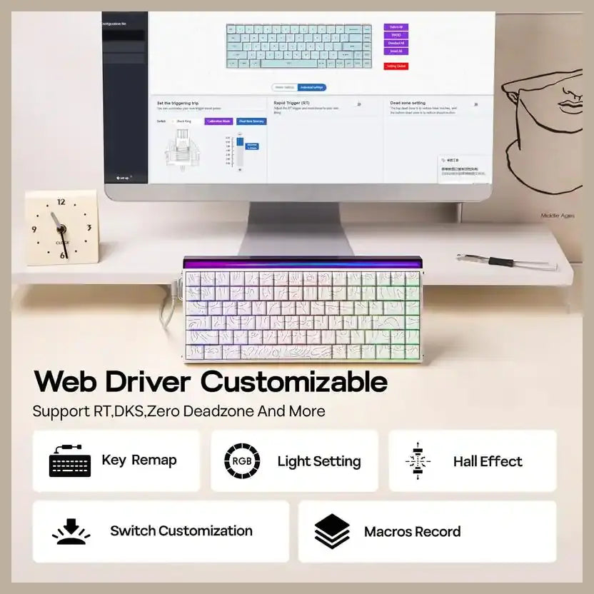 AULA HERO84 HE 84-Key Wired Hall Effect Magnetic Gaming Keyboard, 8K Polling Rate, 0.125ms Ultra-Low Latency, RGB Neon Lightbox, Custom Actuation, Black King Magnetic Switch, White Contour