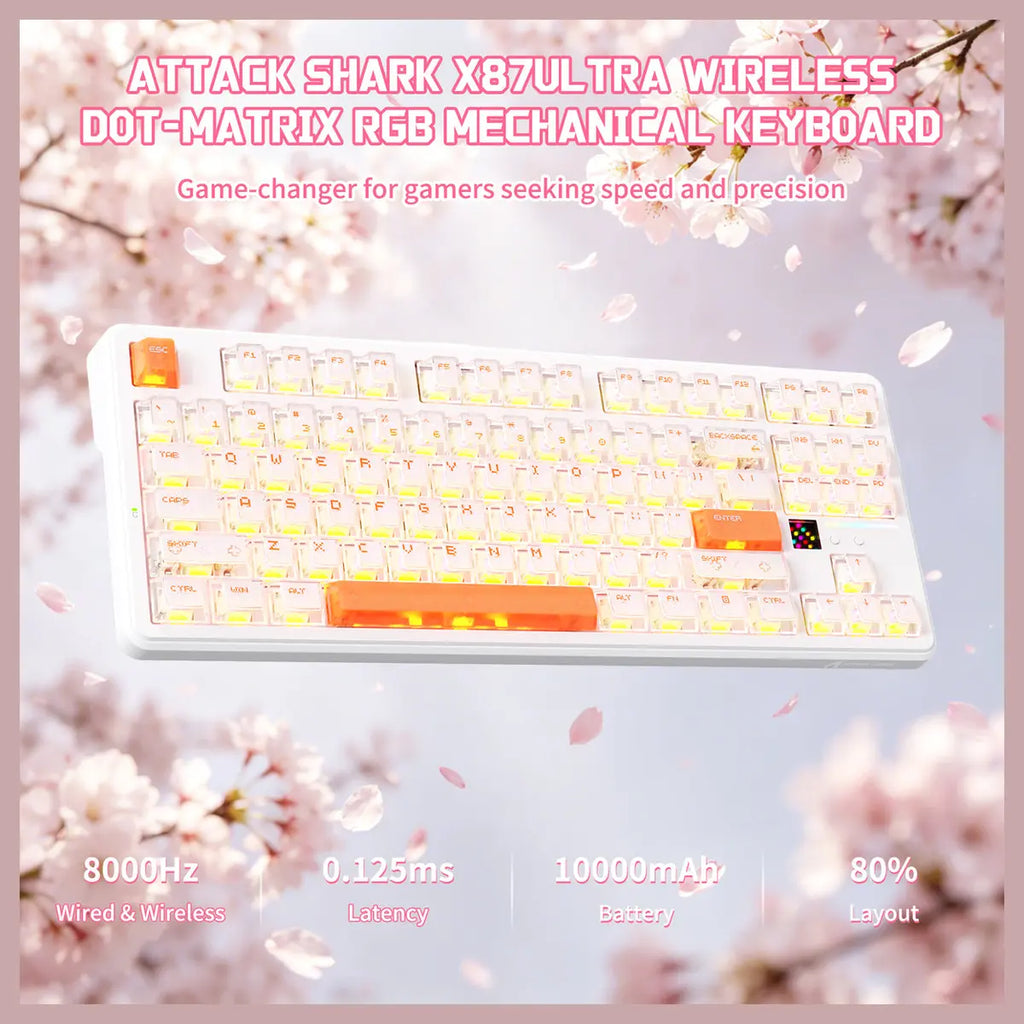 ATTACK SHARK X87 Ultra Wireless Mechanical Keyboard With 8K Wireless Receiver, 8000Hz Polling Rate, 10000mAh Battery Up to 5000 Hours, Dot-Matrix Screen, Hot-Swappable, Iced Orange