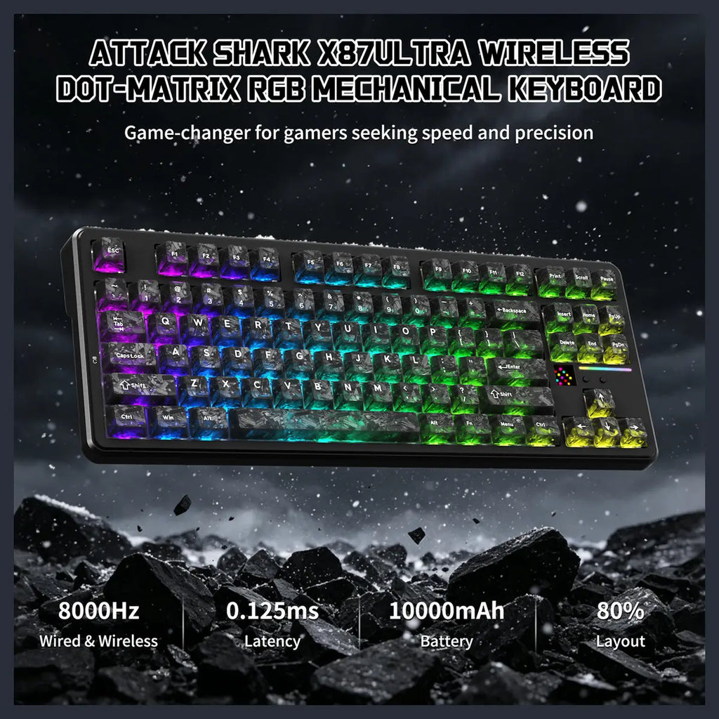 ATTACK SHARK X87 ULTRA Wireless Mechanical Keyboard, Tri-Mode 2.4G Wireless Bluetooth Wired, 8000Hz Polling Rate, 10000mAh Battery Up to 5000 Hours, Dot-Matrix Screen, Hot-Swappable, Ink Shadow