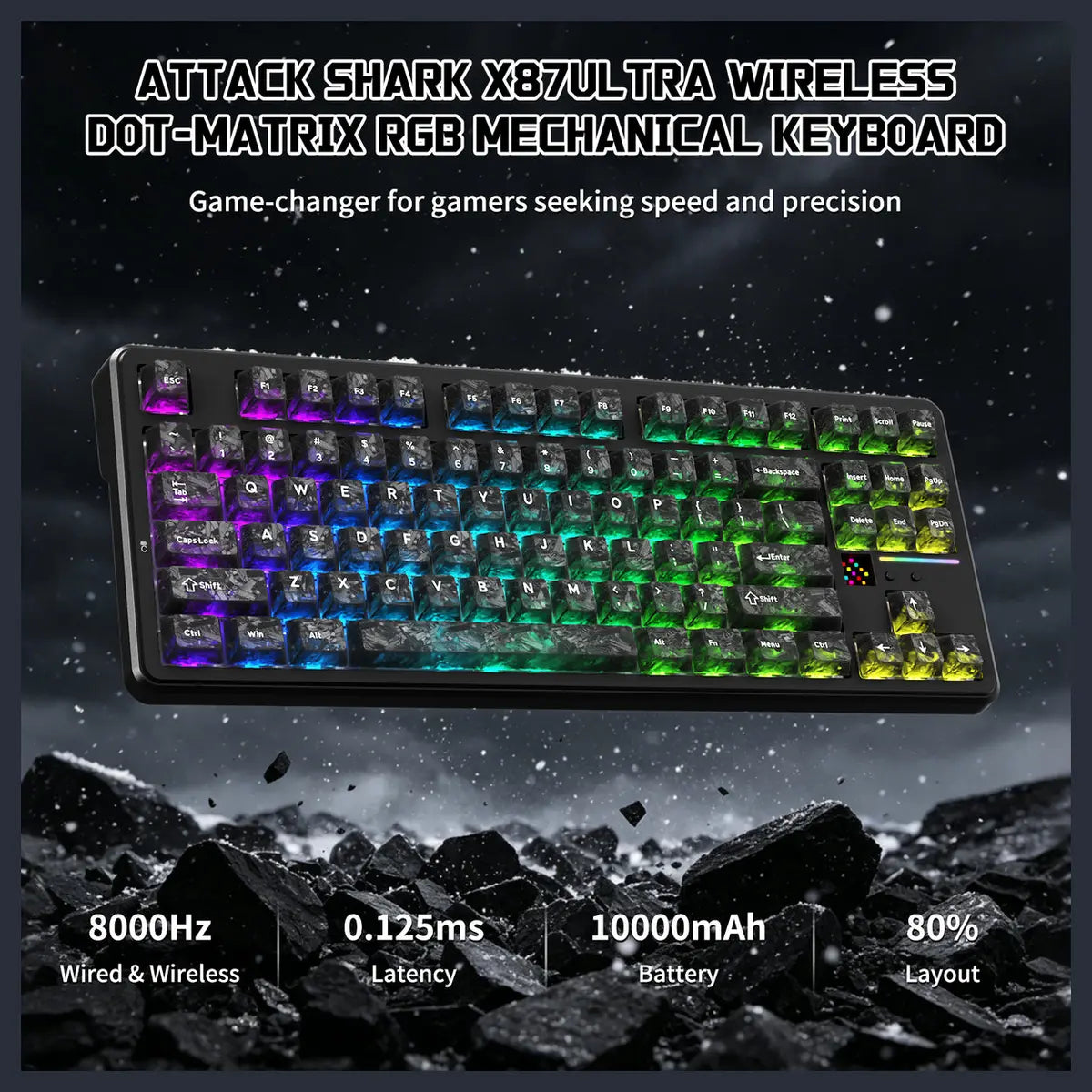 ATTACK SHARK X87 ULTRA Wireless Mechanical Keyboard, Tri-Mode 2.4G Wireless Bluetooth Wired, 8000Hz Polling Rate, 10000mAh Battery Up to 5000 Hours, Dot-Matrix Screen, Hot-Swappable, Ink Shadow