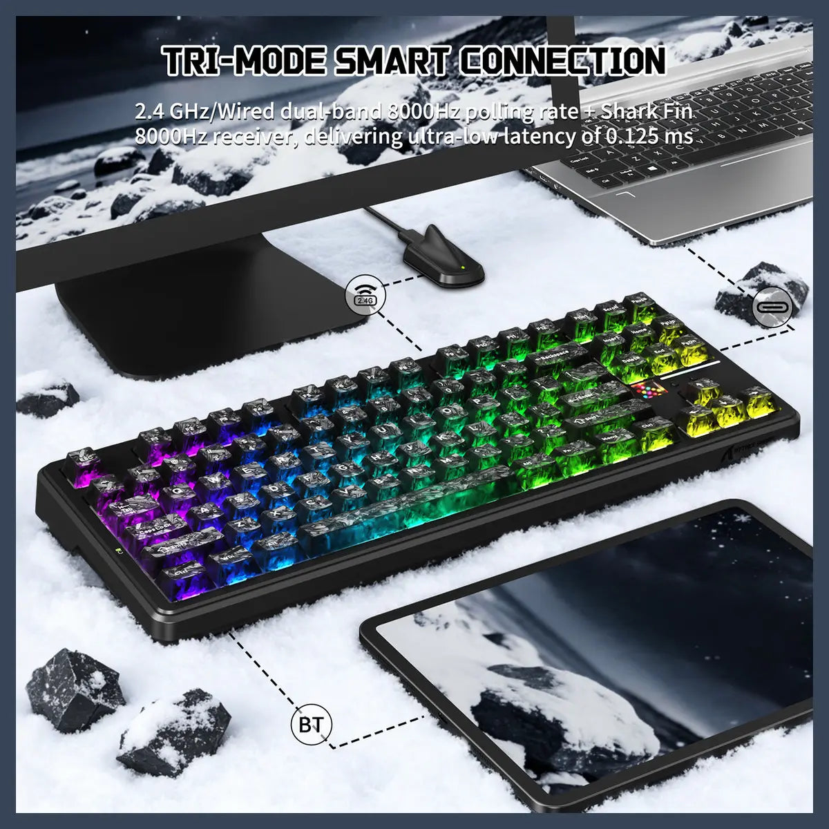 ATTACK SHARK X87 ULTRA Wireless Mechanical Keyboard, Tri-Mode 2.4G Wireless Bluetooth Wired, 8000Hz Polling Rate, 10000mAh Battery Up to 5000 Hours, Dot-Matrix Screen, Hot-Swappable, Ink Shadow