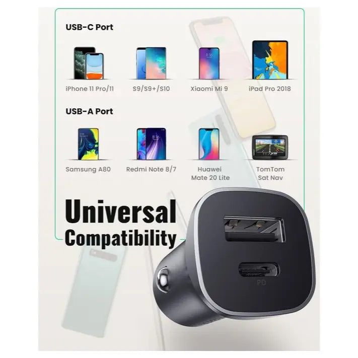 UGREEN 2-Port Car Charger, 24W Max Output, 20W USB-C PD and 18W USB-A QC 3.0, Model 30780