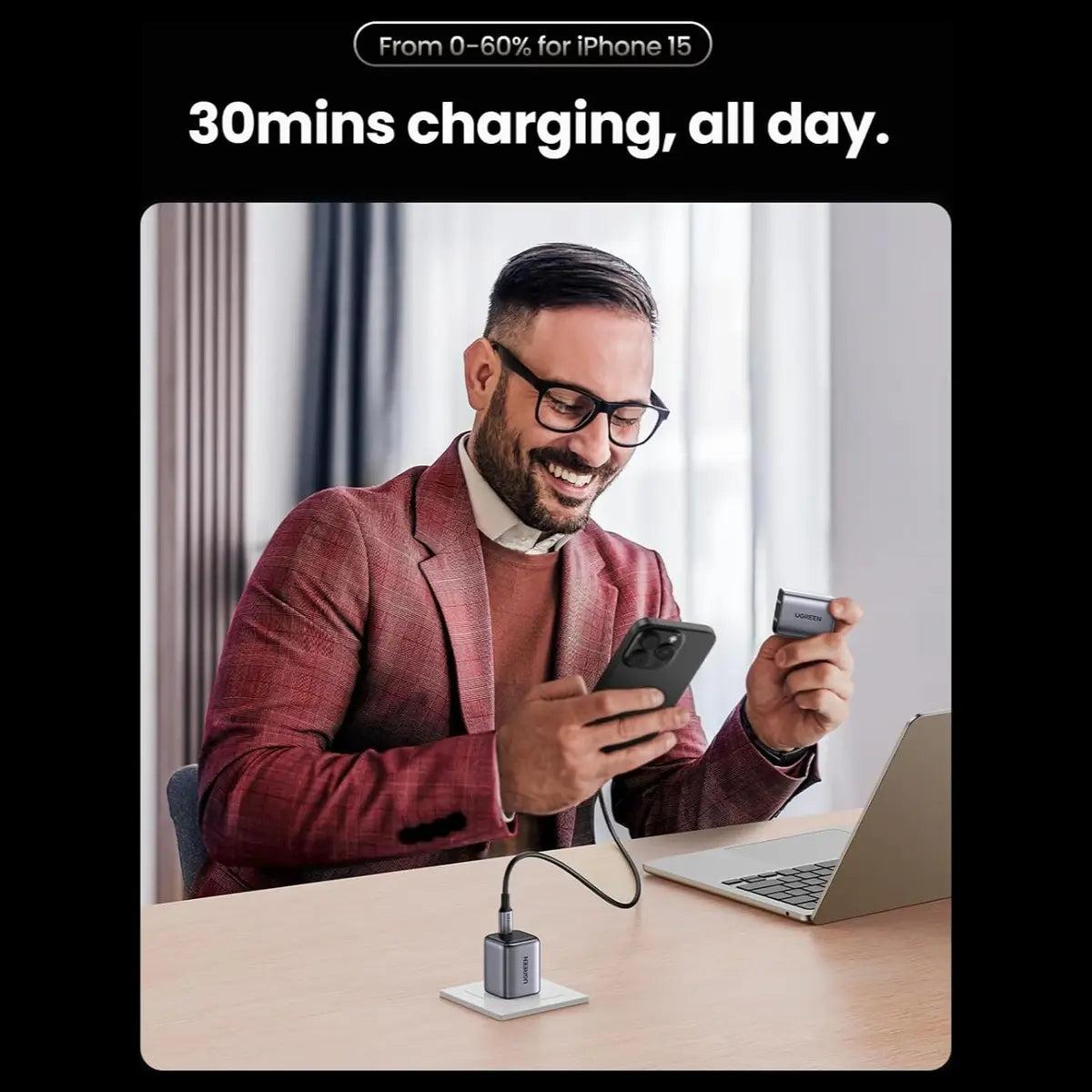 UGREEN X513 30W USB-C GaN Fast Charger, PD3.0 QC4.0 PPS, Foldable US Plug, 100-240V, Model 55530