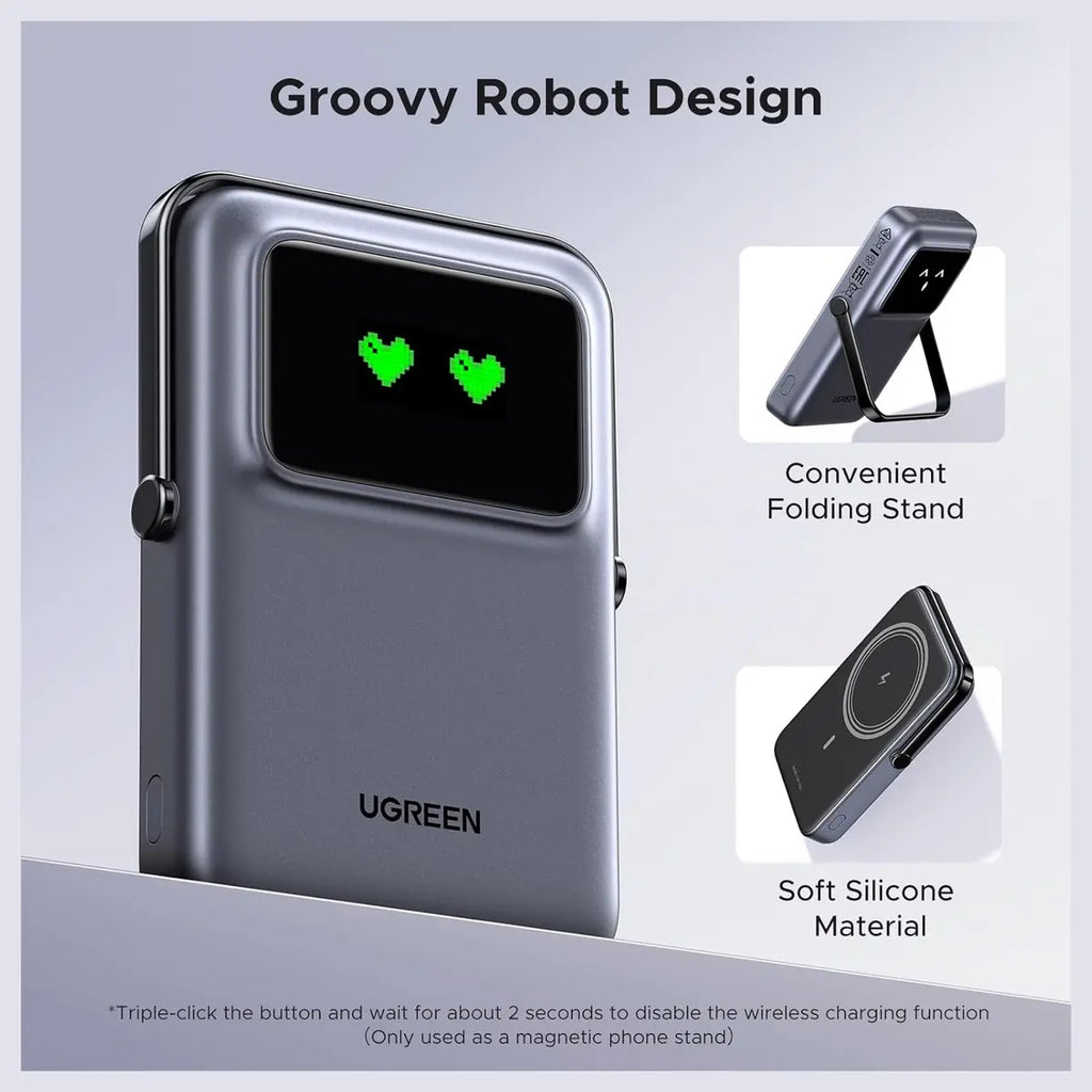 UGREEN Uno Magnetic Wireless Power Bank 10000mAh, Qi 7.5W Wireless, PD 20W USB C, Foldable Stand, TFT Display, MagSafe Compatible, Black 45327