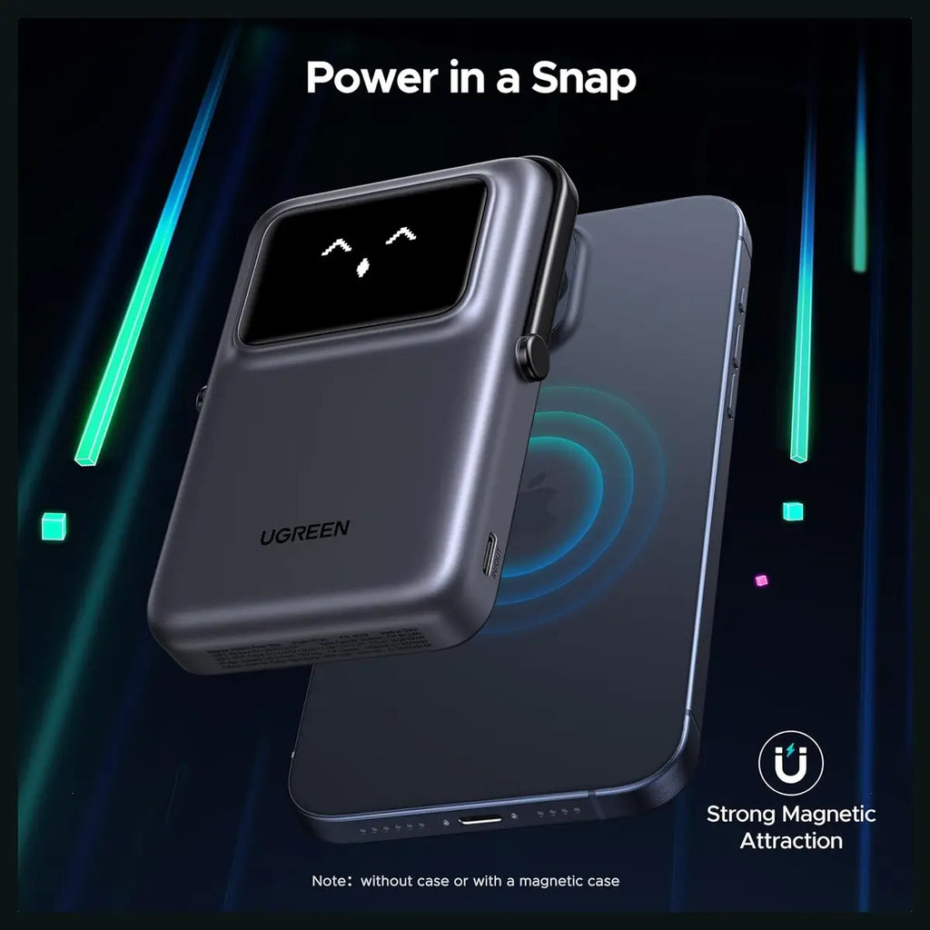 UGREEN Uno Magnetic Wireless Power Bank 10000mAh, Qi 7.5W Wireless, PD 20W USB C, Foldable Stand, TFT Display, MagSafe Compatible, Black 45327