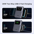 UGREEN Uno Magnetic Wireless Power Bank 10000mAh, Qi 7.5W Wireless, PD 20W USB C, Foldable Stand, TFT Display, MagSafe Compatible, Black 45327