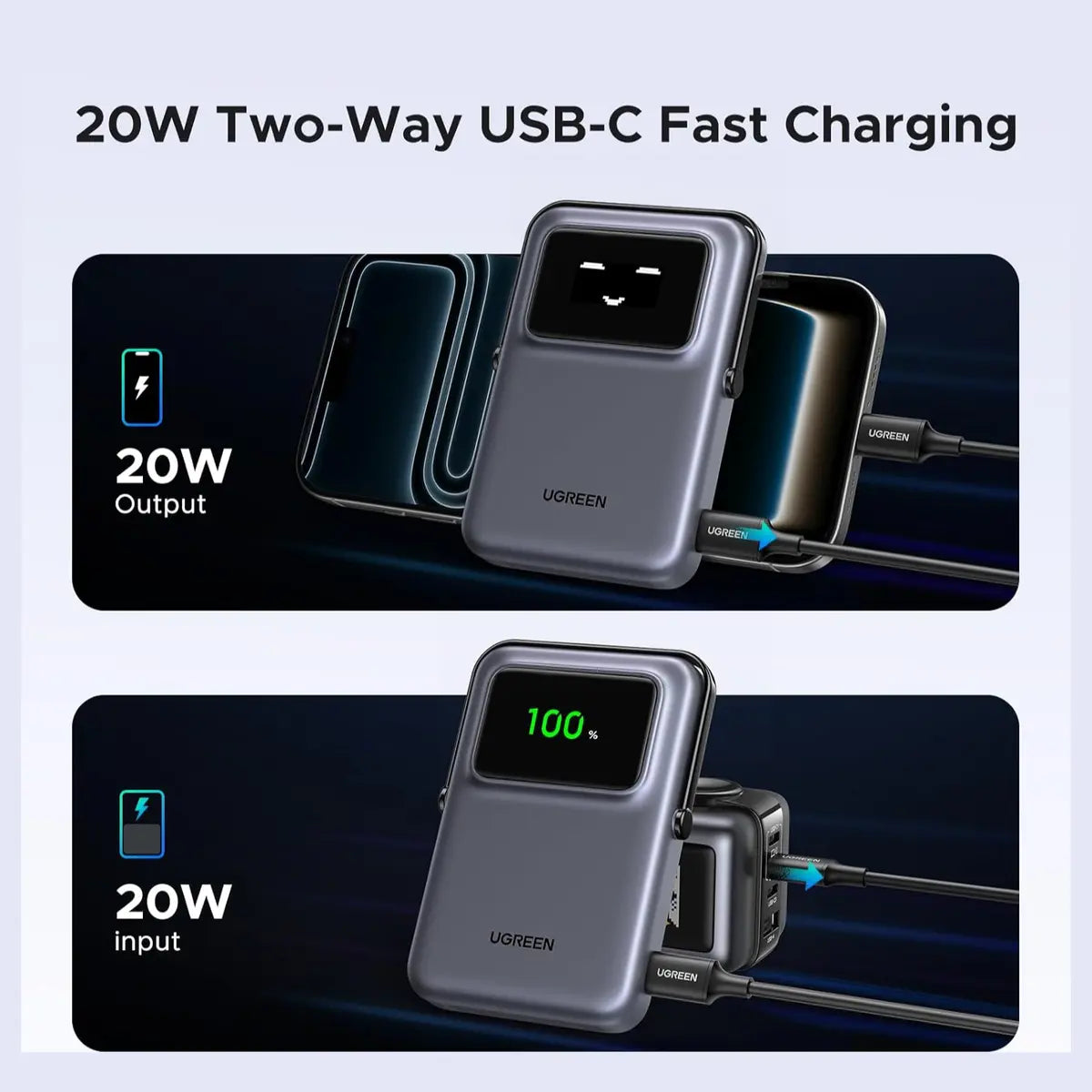 UGREEN Uno Magnetic Wireless Power Bank 10000mAh, Qi 7.5W Wireless, PD 20W USB C, Foldable Stand, TFT Display, MagSafe Compatible, Black 45327