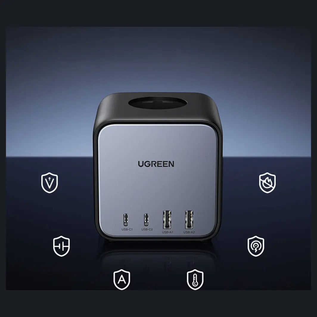 Ugreen DigiNest Cube Power Strip, 3 Sockets, 2 USB-C Up To 65W, 2 USB-A Up To 22.5W, 1.8M Cable, EU Plug Standard, Model 60113-CD268, Black