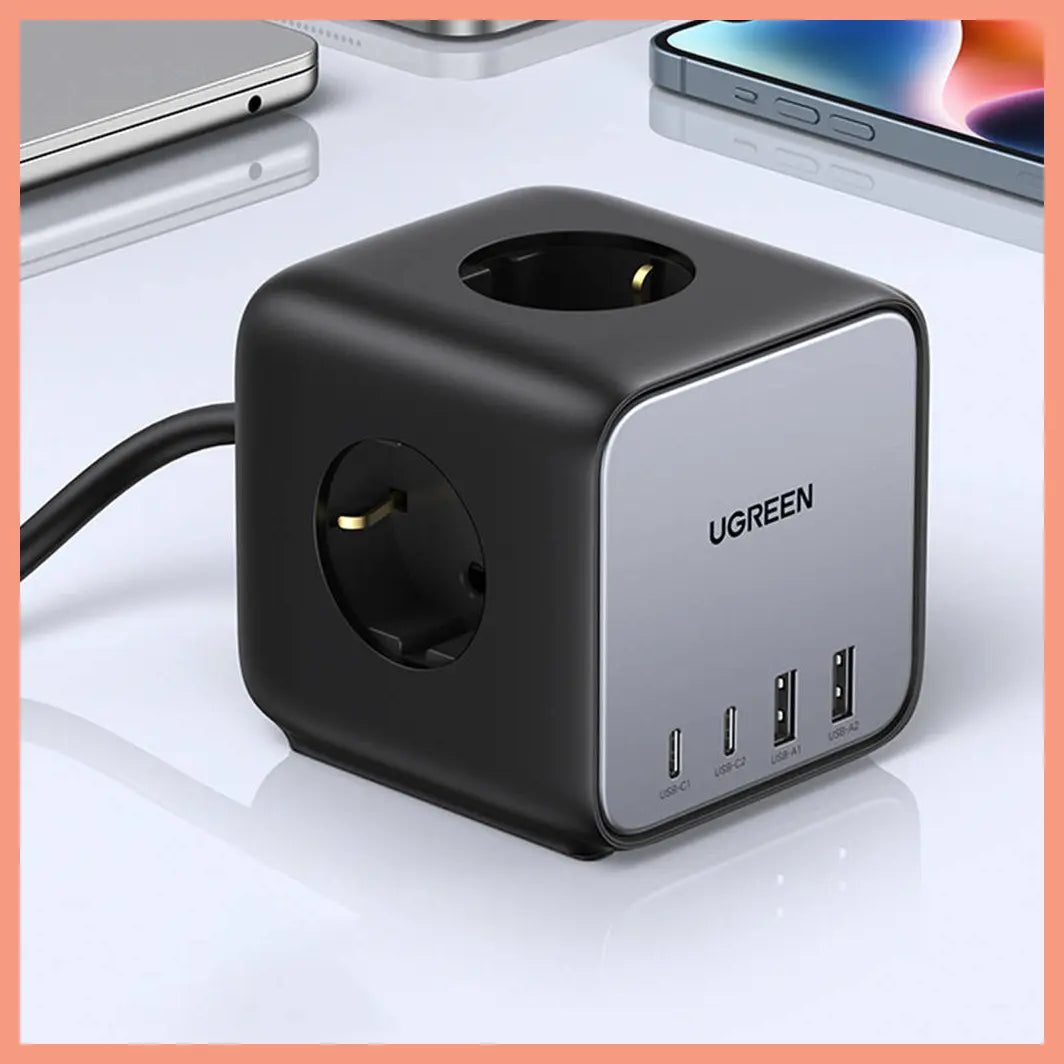 Ugreen DigiNest Cube Power Strip, 3 Sockets, 2 USB-C Up To 65W, 2 USB-A Up To 22.5W, 1.8M Cable, EU Plug Standard, Model 60113-CD268, Black