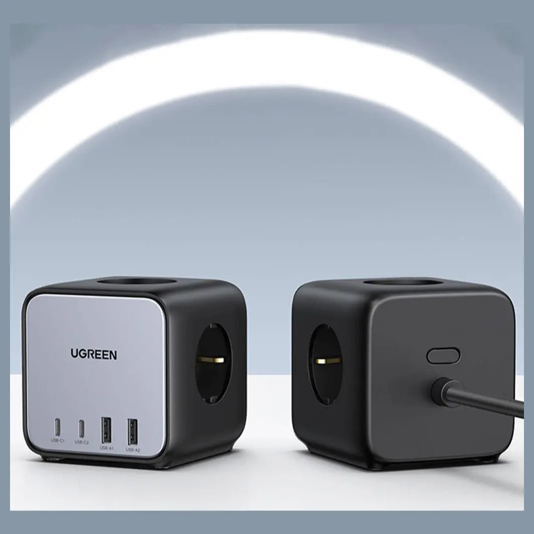 Ugreen DigiNest Cube Power Strip, 3 Sockets, 2 USB-C Up To 65W, 2 USB-A Up To 22.5W, 1.8M Cable, EU Plug Standard, Model 60113-CD268, Black