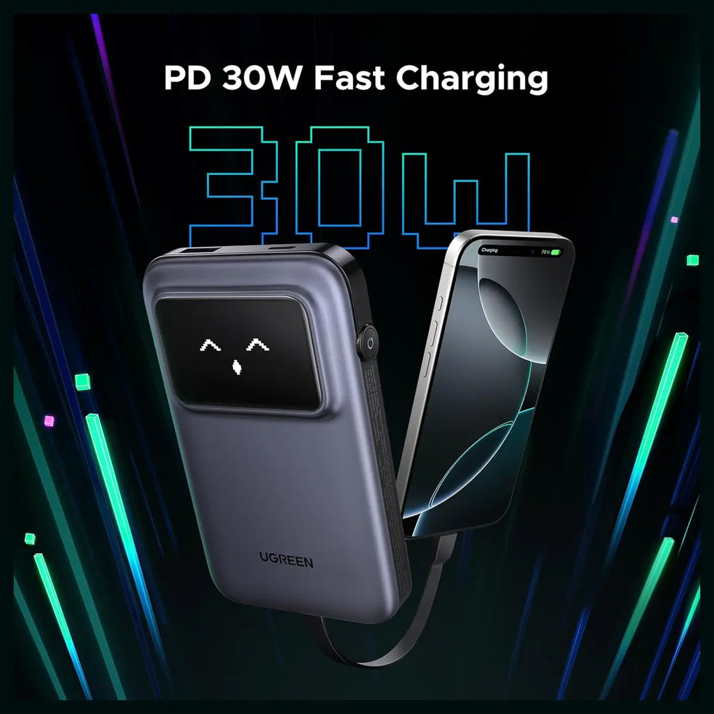 UGREEN Uno Power Bank 10000mAh 30W, PD Fast Charging, Built-in USB-C Cable, TFT Digital Display, Triple-Port Design, 35603B PB511