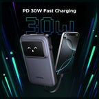 UGREEN Uno Power Bank 10000mAh 30W, PD Fast Charging, Built-in USB-C Cable, TFT Digital Display, Triple-Port Design, 35603B PB511