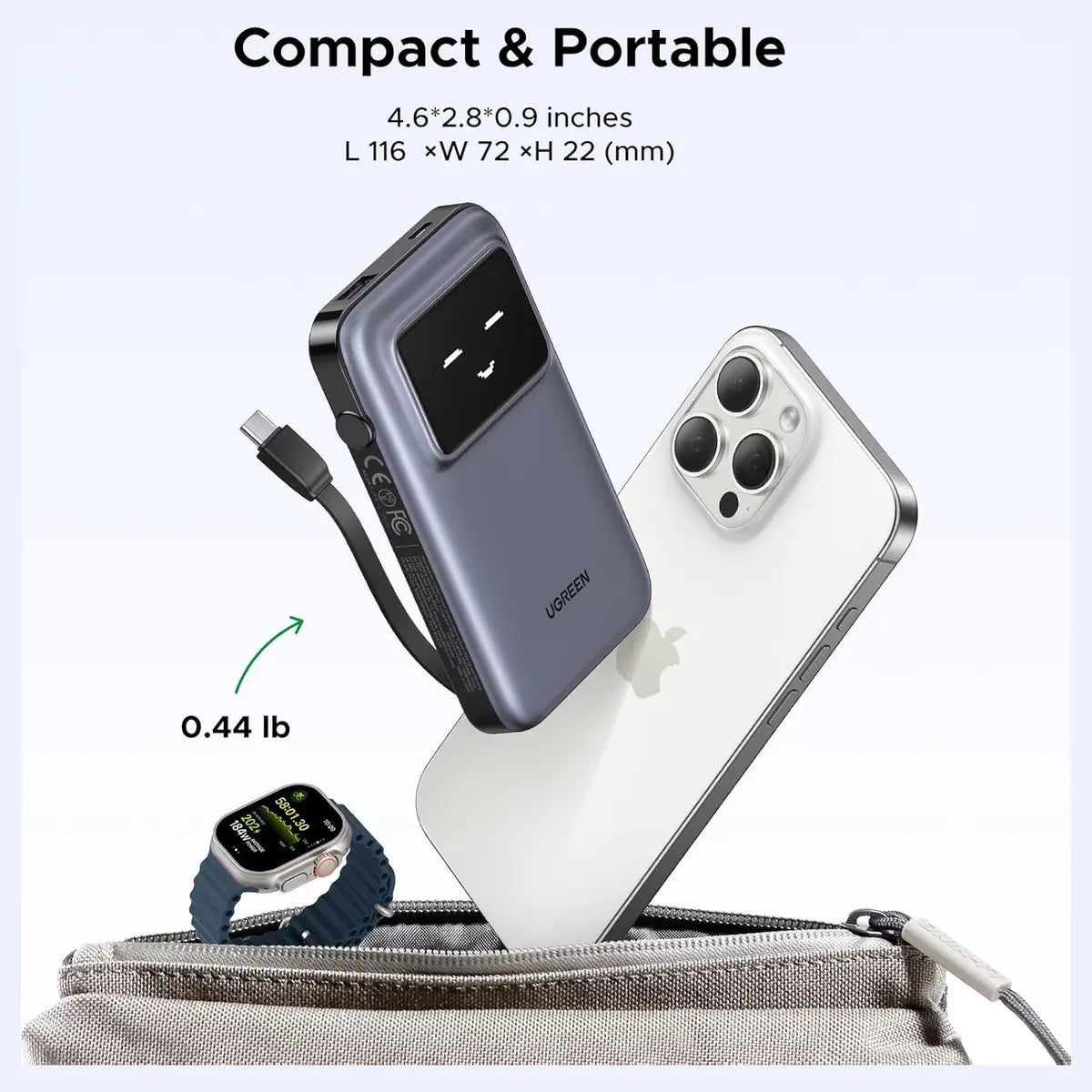 UGREEN Uno Power Bank 10000mAh 30W, PD Fast Charging, Built-in USB-C Cable, TFT Digital Display, Triple-Port Design, 35603B PB511