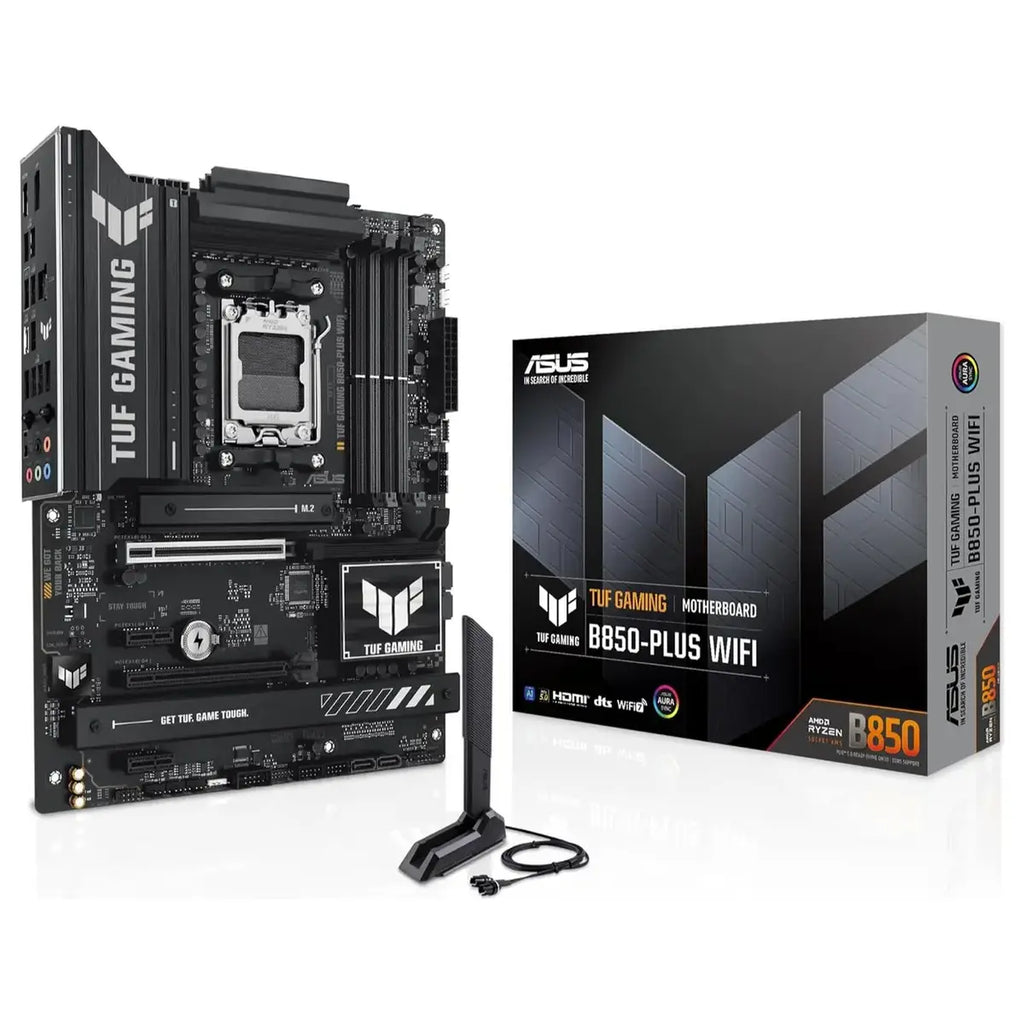 Asus TUF GAMING B850-PLUS WIFI ATX Motherboard, AMD AM5 B850, DDR5 8000+MT/s, PCIe 5.0, 3x M.2, Wi-Fi 7, 2.5Gb LAN, DisplayPort and HDMI, USB 10Gbps and 20Gbps Type-C