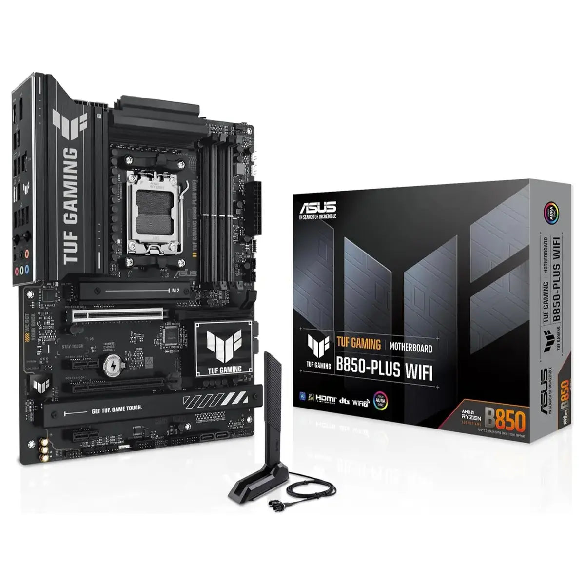 Asus TUF GAMING B850-PLUS WIFI ATX Motherboard, AMD AM5 B850, DDR5 8000+MT/s, PCIe 5.0, 3x M.2, Wi-Fi 7, 2.5Gb LAN, DisplayPort and HDMI, USB 10Gbps and 20Gbps Type-C