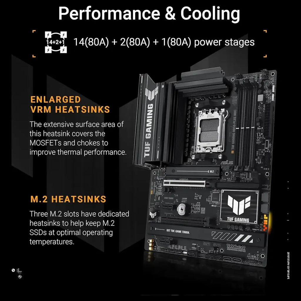 Asus TUF GAMING B850-PLUS WIFI ATX Motherboard, AMD AM5 B850, DDR5 8000+MT/s, PCIe 5.0, 3x M.2, Wi-Fi 7, 2.5Gb LAN, DisplayPort and HDMI, USB 10Gbps and 20Gbps Type-C