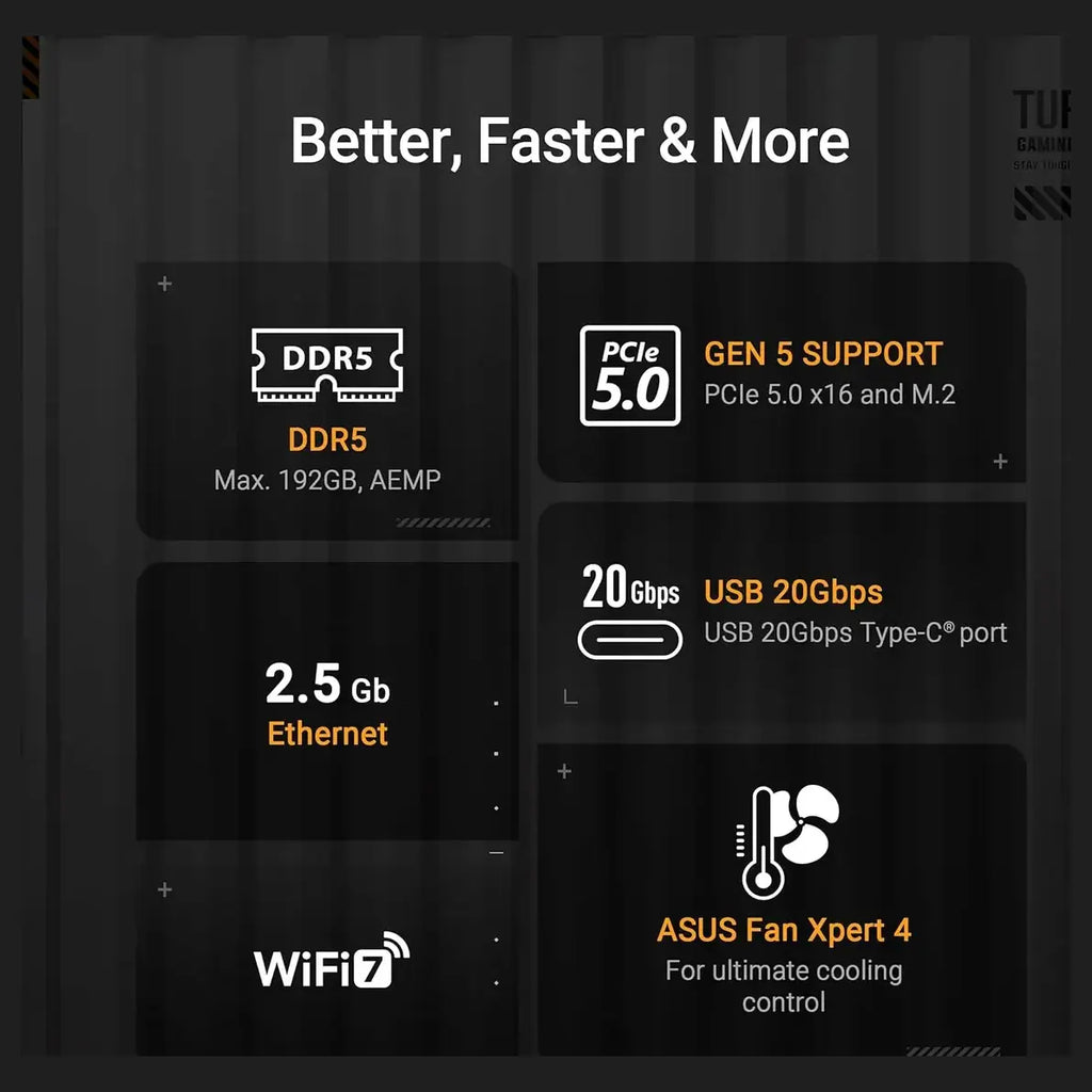 Asus TUF GAMING B850-PLUS WIFI ATX Motherboard, AMD AM5 B850, DDR5 8000+MT/s, PCIe 5.0, 3x M.2, Wi-Fi 7, 2.5Gb LAN, DisplayPort and HDMI, USB 10Gbps and 20Gbps Type-C