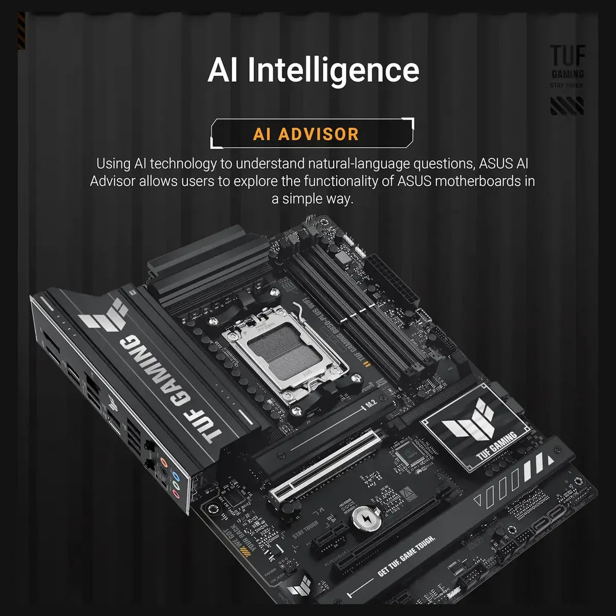 Asus TUF GAMING B850-PLUS WIFI ATX Motherboard, AMD AM5 B850, DDR5 8000+MT/s, PCIe 5.0, 3x M.2, Wi-Fi 7, 2.5Gb LAN, DisplayPort and HDMI, USB 10Gbps and 20Gbps Type-C